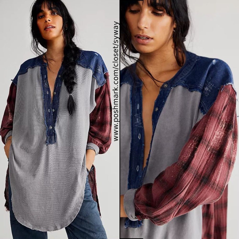 We The Free Plaid Extravaganza Oversized Top Slouchy Distressed Tunic Top